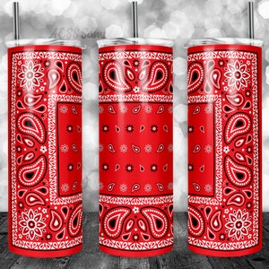 May include: Three red stainless steel tumblers with a white bandana pattern. The tumblers are all the same size and have a black lid.
