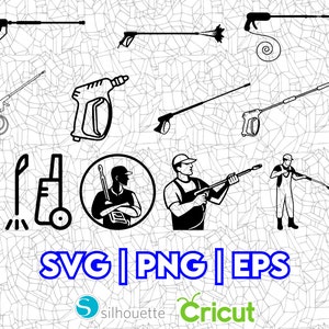 May include: A set of black and white illustrations of pressure washers and people using them. The illustrations are in a simple, line art style. The text "SVG | PNG | EPS" is at the bottom of the image.