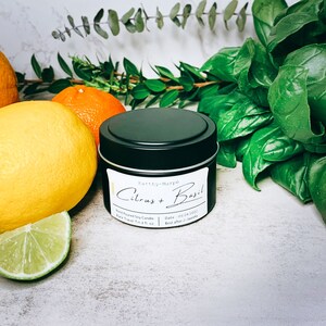 Citrus Basil Candle, Crackling Wood Wick SoyCandle, Travel Tin Candle, Citrus Candle, Cool Candles, Fresh Candle, NonToxic Candle