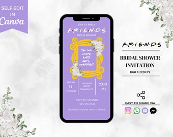 Bearbeitbare Freunde Brautpartyeinladungen, Hochzeit einladen, digitale Einladung, Freunde Themeneinladung, DIY Vorlage