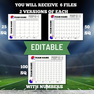 May include: Six printable football score sheets, two versions of each.  The sheets are 25 square inches, 50 square inches, and 100 square inches.  One version has numbers and the other does not.  The sheets are editable.