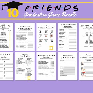 Afstudeerspelbundel met vriendenthema, Afdrukbare spellen, Partyspellen voor afstuderen op de universiteit of middelbare school, Instant Download,