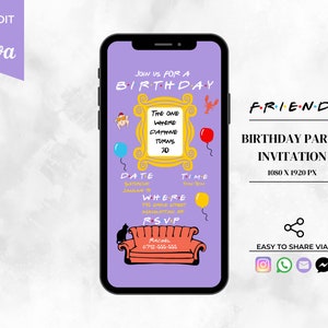 Inviti modificabili per feste di compleanno di amici, invito per feste di compleanno, invito digitale per compleanni, invito a tema amici