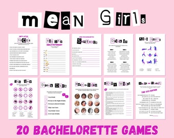 May include: A collection of 20 bachelorette party games with a pink background. The games include "Dirty Little Sect", "Big Day Emoji Dictionary", "Sentence", "Drink If", "Kama Sutra", "Sex Toy", "Drunk Dice", "Porn or Song", "Girly Mind", and "Whoa or Rose". The title "Mean Girls" is at the top.