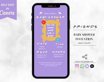 Bearbeitbare Freunde Babypartyeinladungen, Babypartyeinladung, digitale Einladung, Freunde Themeneinladung, bearbeitbare Vorlage