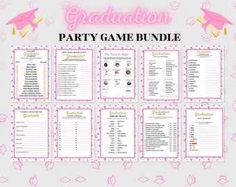 Graduation Game Bundle, 10 Graduate Games Printable, Party Games for College or High School Graduation 2023, Instant Download, Pink and Gold