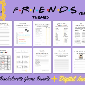 May include: A collection of ten printable bachelorette party games with a "Friends" TV show theme. The games include "Dirty Emoji," "Drunk Dice," "Never Have I Ever," and "What's in Your Purse?" The bundle includes a digital invite.
