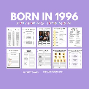 Könnte beinhalten: Ein Spieleset zum Thema Friends mit lila Hintergrund. Der Text "BORN IN 1996" steht oben, darunter verschiedene Spielbögen. Die Spiele umfassen "This or That", "Ever or Never" und "Cinema of 1996".