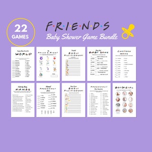 May include: A set of 22 printable baby shower games featuring the popular TV show "Friends". The games include "Say Baby Around the World", "Price is Right", "Emoji Pictionary", "Baby Songs", "Cartoon Moms", "Celebrity Baby Names", "Animal Pregnancy Game", "Baby Shower Pictionary", "Pregnancy New Slang", and "Boy or Girl".