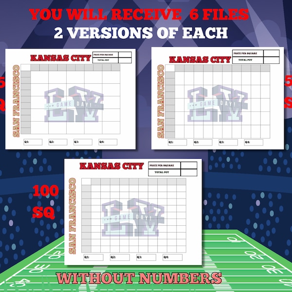 Football Super Bowl Square Game 2023, Super Bowl Boxes, Football Squares, Super Bowl 57, LVII, Instant Download, PDF, fundraiser squares