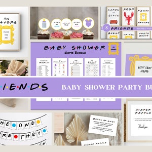 Pode incluir: Um pacote de festa de chá de bebê em roxo e branco com tema Friends. O pacote inclui placas, jogos e decorações imprimíveis com o logotipo icônico do programa de televisão Friends. O texto "Friends" é escrito em preto e branco com um ponto amarelo entre cada letra. O texto "Baby Shower Party Bundle" é escrito em branco sobre um fundo roxo.