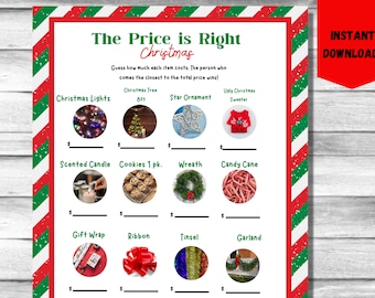 Könnte beinhalten: Ein druckbares Weihnachtsspiel mit dem Titel "The Price is Right". Das Spiel hat einen rot-grünen Rand mit weißem Hintergrund. Das Spiel enthält Bilder von Weihnachtselementen wie Lichtern, einem Baum und einem Kranz.