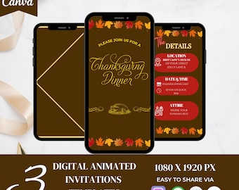 Geanimeerde Thanksgiving-dineruitnodiging, Friendsgiving Evite (digitaal)