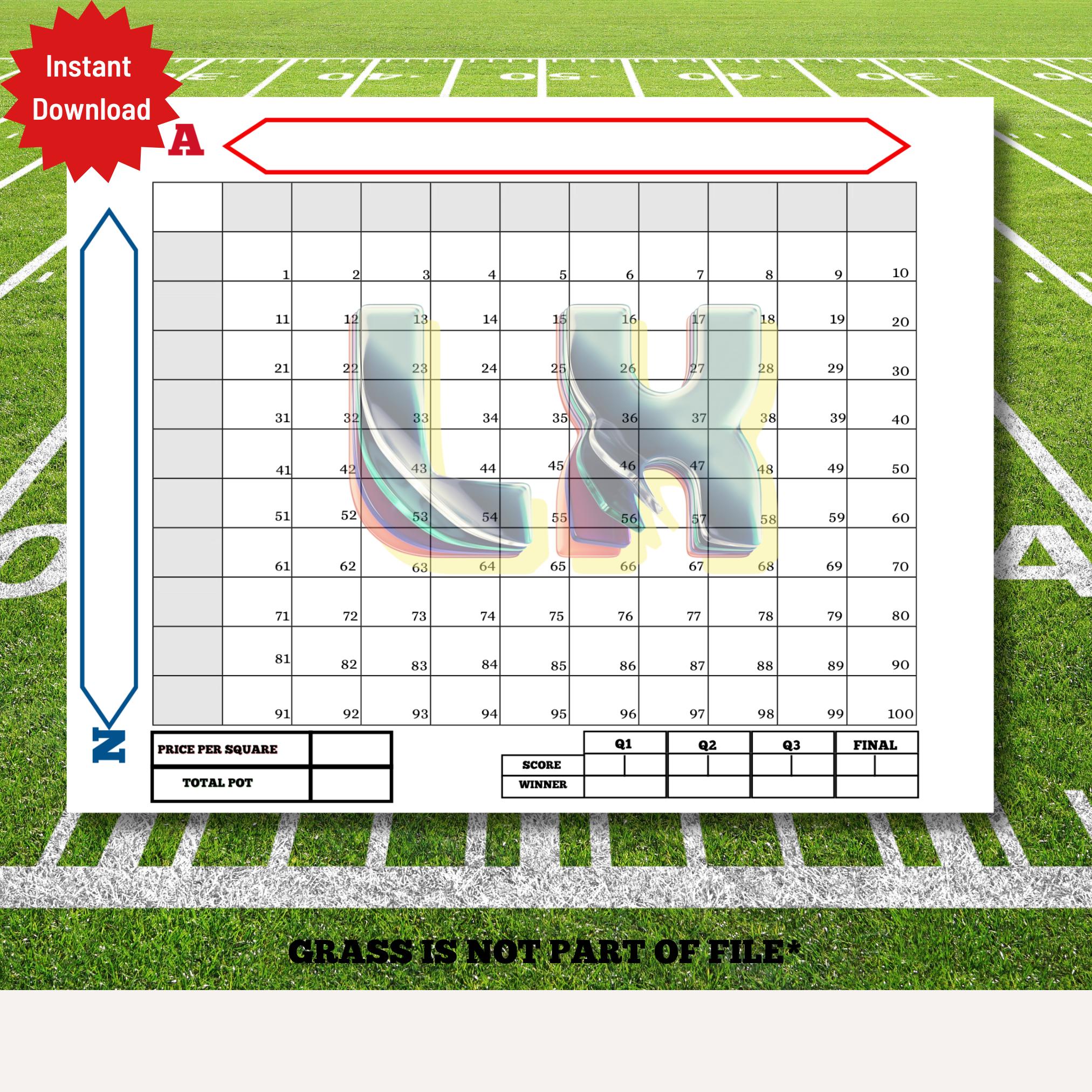 super bowl 2026 football squares grid, game 60, lx (pdf) - etsy canada