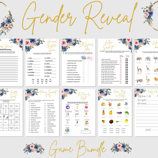 Blush Navy Gender Reveal Games Bundle,  Printable, Gender Reveal Instant Download ,Gender Party Game,BoyorGirl,Baby Game, Floral, Watercolor