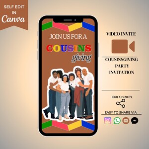 K&ouml;nnte beinhalten: Eine digitale Einladung zu einer Cousinsgiving-Party. Die Einladung zeigt eine Cartoon-Illustration einer Gruppe von Personen, die zusammen stehen. Der Text auf der Einladung lautet "Join us for a Cousinsgiving".