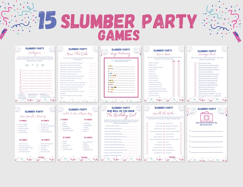 Slumber Party Games Printables, Slumber Party Activities, Teens Slumber ...