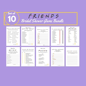 Może przedstawiać: Zestaw 10 drukowanych gier na wieczór panieński z popularnym serialem telewizyjnym "FRIENDS". Gry obejmują "Kto zna pannę młodą najlepiej", "Pamięć piosenek z filmów dla dziewcząt", "On powiedział, ona powiedziała", "Co jest w twojej torebce", "Czytaj w jej myślach", "Więcej lub mniej", "Co jest w twoim telefonie", "Pamięć piosenek z wieczoru panieńskiego" i "Gra w pamięć".
