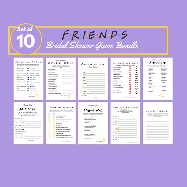 Friends Themed Bridal Shower Party Games Bundle, Friends TV Show ,Printable Games,Hen Party, , Set of 10, Wedding Shower, Instant Download