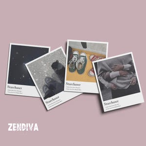 Può includere: Quattro foto in stile Polaroid con il testo "Starchaser" su ciascuna. Le foto mostrano un cielo notturno con le stelle, un paio di piedi con le scarpe, un gatto e una persona che si abbraccia.