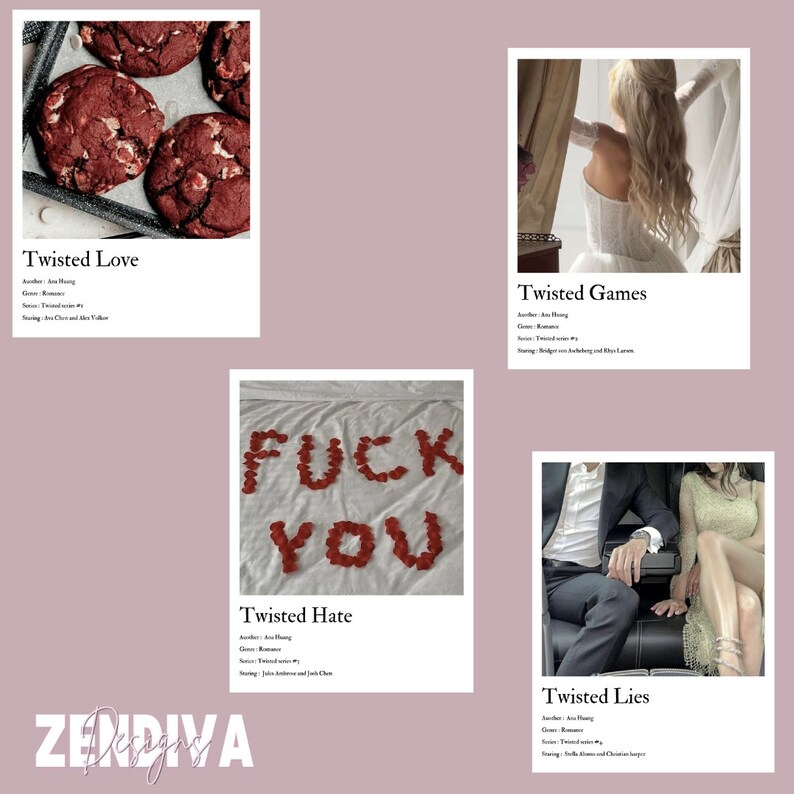 Op de afbeelding: Een verzameling van vier prints in polaroidstijl met de titels "Twisted Love", "Twisted Games", "Twisted Hate" en "Twisted Lies". Elke print heeft een andere afbeelding en tekst, tegen een zachtroze achtergrond.