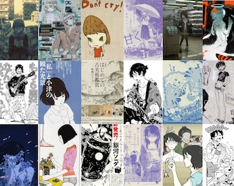 May include: A collage of 16 images featuring various illustrations and text in Japanese and English. The images include a crying cartoon character, a woman with a guitar, a woman with a flower, and a woman with a book. The text includes the words "Don't cry!" and "BONES".
