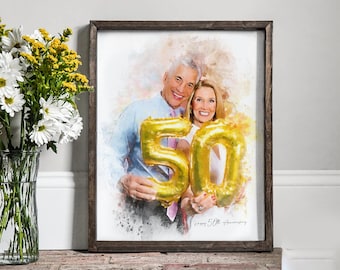 Individuelles Portrait für Eltern 50. Jahrestag, Familiengemälde vom Foto, Digitales Aquarell Paar Geschenke, Verlobungsgeschenk für Freunde