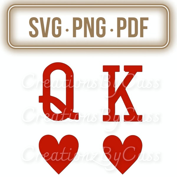 King and Queen of Hearts SVG - PDF - PNG. Printable, Cricut & Silhouette. Couples Svg, Casino Night, Poker, Valentine Svg