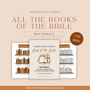 May include: Printable set of coloring pages featuring the books of the Bible. The pages are designed for kids and include illustrations of books stacked on a shelf. The title "Raising Wild Saints Books of the Bible Mini Bundle" is displayed on the page.