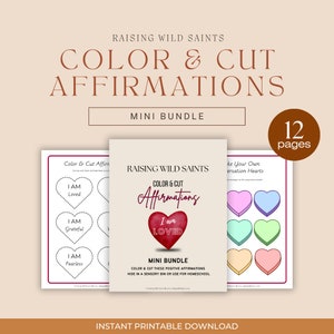 Afirmaciones de corazón coloreadas y cortadas imprimibles, páginas para colorear de versículos bíblicos, DESCARGA de mini paquete, educación en el hogar católica cristiana del Día de San Valentín