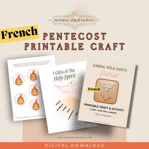 ペンテコステの印刷可能なクラフトとアクティビティ [フランス語] ダウンロード、炎と鳩の壁掛け、カトリックのホームスクールのための聖霊の 7 つの贈り物