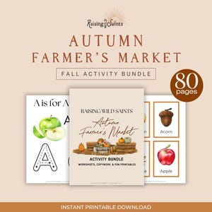 May include: An autumn-themed activity bundle with the text "Autumn Farmer's Market" and "Fall Activity Bundle." The cover features watercolor illustrations of pumpkins, hay bales, and apples. Includes 80 pages of worksheets and printables.
