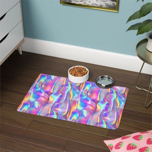 Pet Food Mat, Dog Bowl Mat, Colorful Holographic Mat, Non-slip Bowl Mat, Vibrant Pet Placemat, Pet Feeding Mat