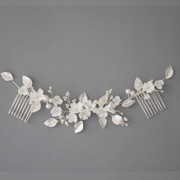 Peineta de boda de flor de porcelana blanca - pasador de pelo nupcial - accesorios para el cabello de novia - peine de boda/baile de graduación