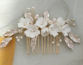 White Porcelain Flower Bridal Hair Comb Piece - Wedding Headpiece