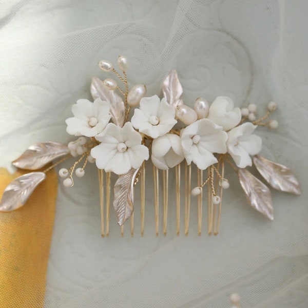 White Porcelain Flower Bridal Hair Comb Piece - Wedding Headpiece