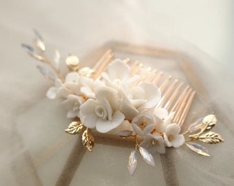 White Porcelain Flower Bridal Hair Comb Piece - Wedding Headpiece - Bridal Accessory - Statement Piece