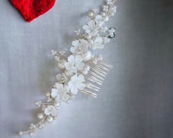 Elegant Bridal Comb: Handmade White Porcelain Flower and Pearl Hair Piece