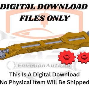 Puede incluir: Una descarga digital de un modelo 3D impreso de una herramienta con un engranaje en un extremo y un mango en el otro. La herramienta es dorada y el engranaje es rojo. El texto "DIGITAL DOWNLOAD FILES ONLY" está en la parte superior de la imagen. El texto "EnvisionAuto3D" está en la herramienta. El texto "This Is A Digital Download No Physical Item Will Be Shipped" está en la parte inferior de la imagen.