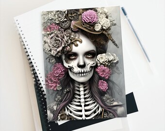 May include: A digital illustration of a woman with a skull face and a skeleton body. She is adorned with pink and white flowers and a steampunk-inspired headpiece.
