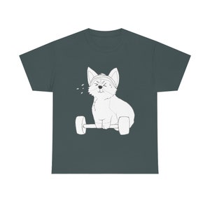 May include: A white cartoon corgi wearing a headband is lifting a barbell. The corgi is sweating and has a determined expression on its face. The background is a dark teal colour.
