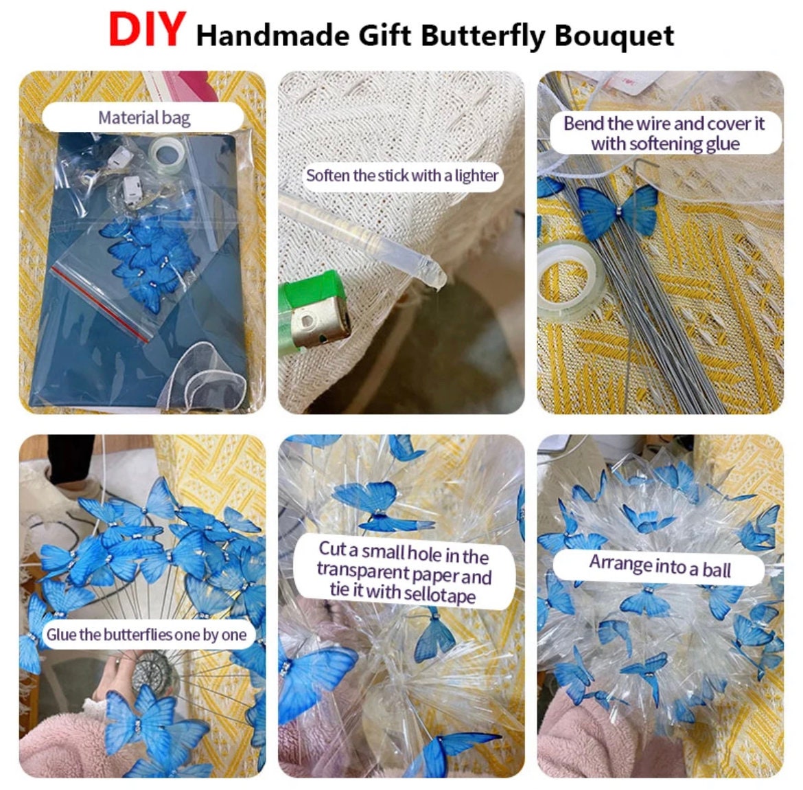 Aiouclay DIY Butterfly Bouquet,33pcs with LED String Lights,Artificial  Flower Bouquet, DIY Craft for Teacher Woman Lovers