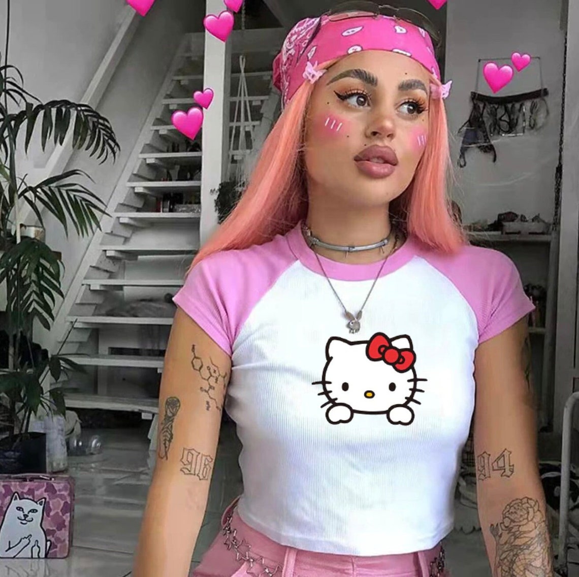 Hello Kitty Pink Y2K Tee Cropped Top Hello Kitty Tshirt Etsy New Zealand