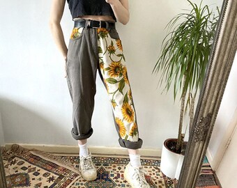 Cottagecore Flower Design Pants | Retro Green Trousers | Y2k Floral Design Emerald Pants | 2000s 1990s Vintage Retro Streetwear