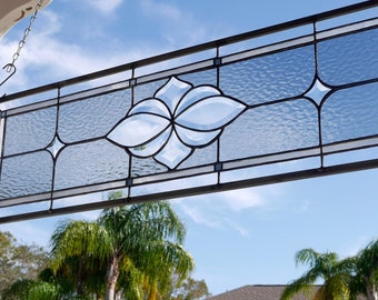 Stained glass, transom window, hanging panel, bevel glass, vintage, Victorian, handmade, gray, clear