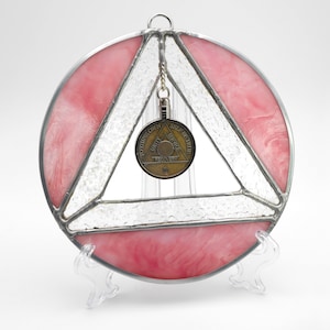 AA Recovery Stained Glass Suncatcher: Pink Glass Coin Holder