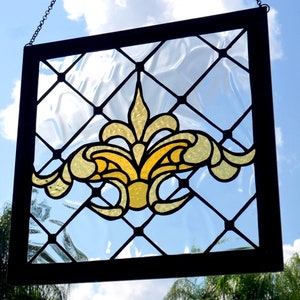 Stained glass panel Fleur-de-lis, French, window, stain glass window, vintage, Victorian, handmade