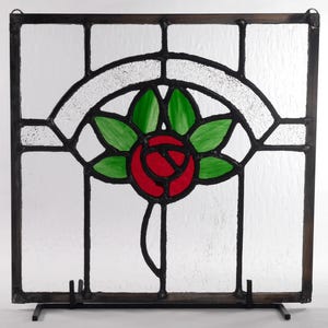 English Style Leaded Glass Panel, Stained Glass Panel Mackintosh Rose, Clear Red and Green Glass.