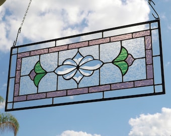 Stained glass, transom window, stain glass panel, beveled glass, pink and green flowers, vintage, Victorian, handmade