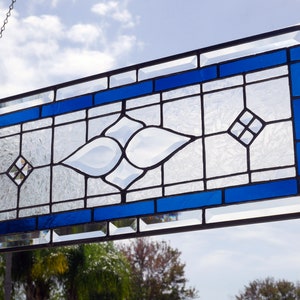 Stained glass, transom window, hanging panel, bevel glass, vintage, Victorian, handmade, blue, clear